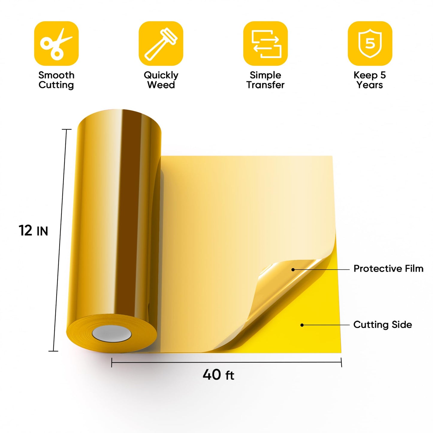 Gold Permanent Vinyl for Cricut Cutting Machine, 12" x 40 FT Adhesive Roll for Silhouette Cameo Vinyl Cutter, Craft, Sign, Wall Sticker (Glossy Gold)