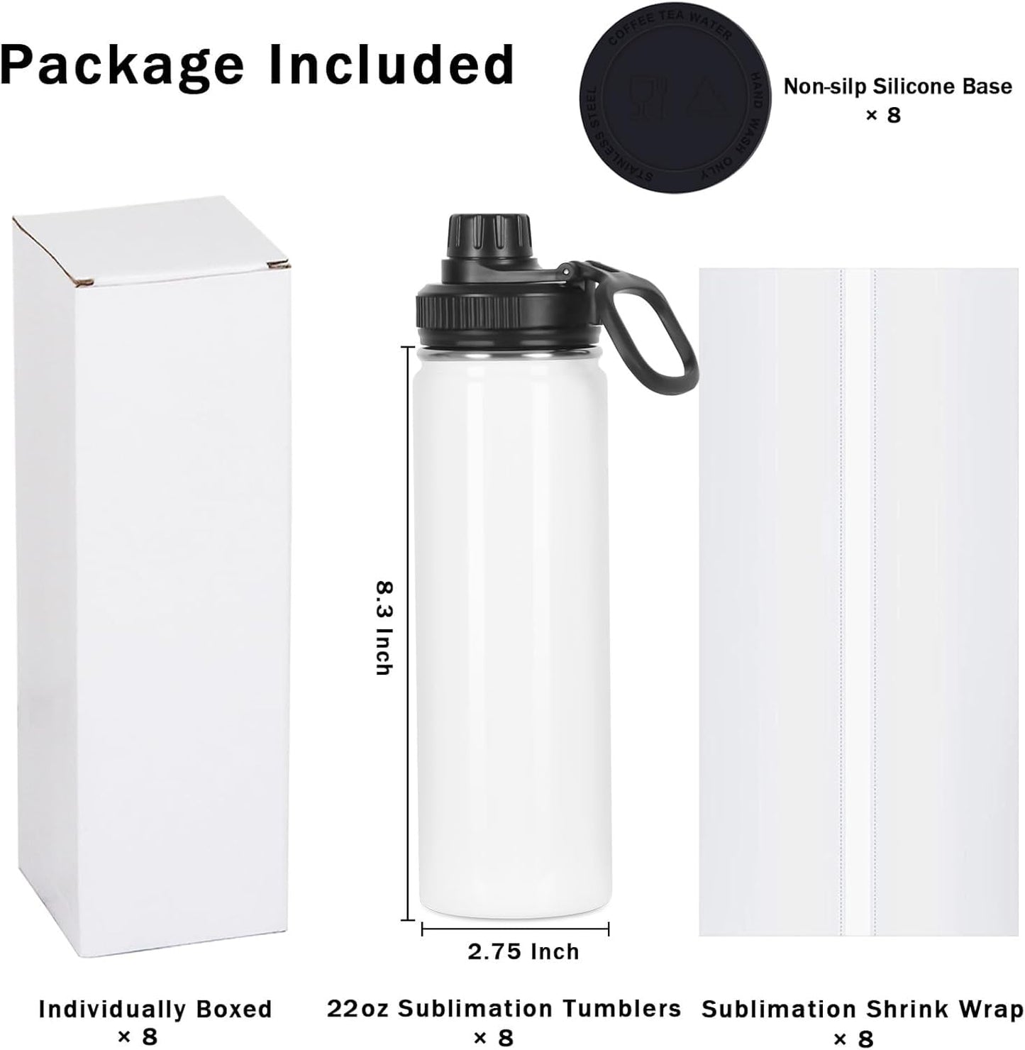Draheri Sublimation Sports Water Bottle Blanks Bulk, 22 oz Sublimation Tumblers, Stainless Steel Double Wall Insulated Sublimation Cups with Portable Handle, Individually Boxed (8 Pack)