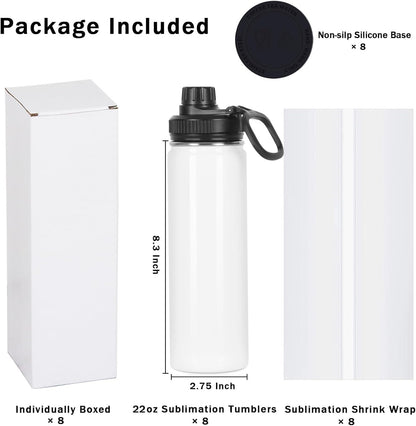 Draheri Sublimation Sports Water Bottle Blanks Bulk, 22 oz Sublimation Tumblers, Stainless Steel Double Wall Insulated Sublimation Cups with Portable Handle, Individually Boxed (8 Pack)