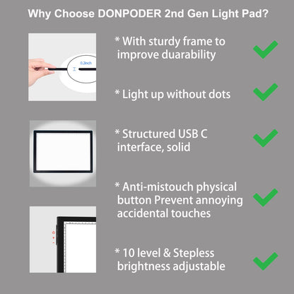 DONPODER A3 Light Pad for Diamond Painting with Stand, Diamond Art Light Board 5500 Lux,Tracing Light Box 10 Levels/Stepless Dimming Diamond Art for Sketching,Animation,Tattoo,Diamond