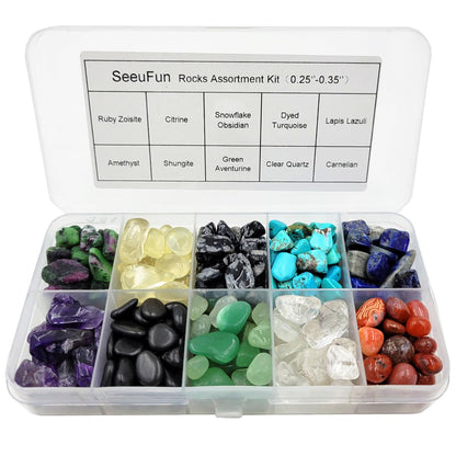 SeeuFun 10 Kinds Gemstones and Crystals Set Tumbled Chps Crystals for Jewelry Making,Candle Making,Crushed Stones,Shungite,Snowflake Obsidian,Citrine(Yellow)