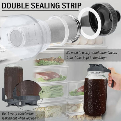 Cold Brew Coffee Maker - 64 Oz (2 Quart) Wide Mouth Glass Mason Jar with Stainless Steel Filter