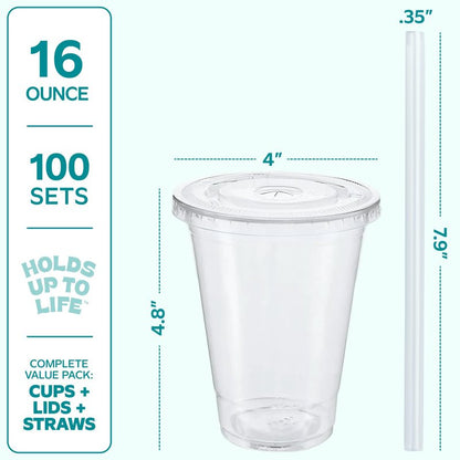 GUSTO - 16 oz - 100 Sets - Clear Plastic Cups with Lids and Straws – Disposable Iced Coffee Cups for Cold Drinks, Smoothies, Boba, and To-Go Beverages – Sturdy, Easy-to-Separate