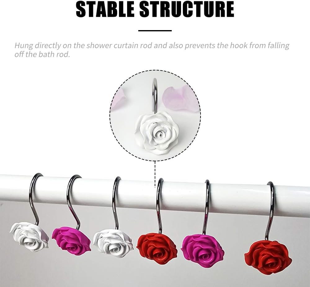 Actpe 12pcs White Rose Flower Shower Curtain Hooks, Rustproof Metal, Decorative for Bathroom, Living Room, Kid's Room