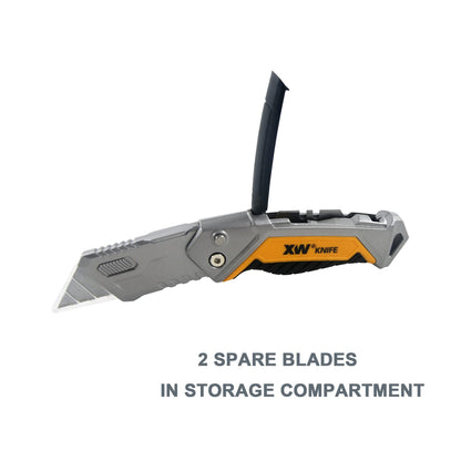 XW Utility Knife Set, Heavy Duty Zinc Alloy Retractable Box Cutter and Folding Utility Knife with Blade Storage Design, Total 18 PCS Blades Included, 2-Pack