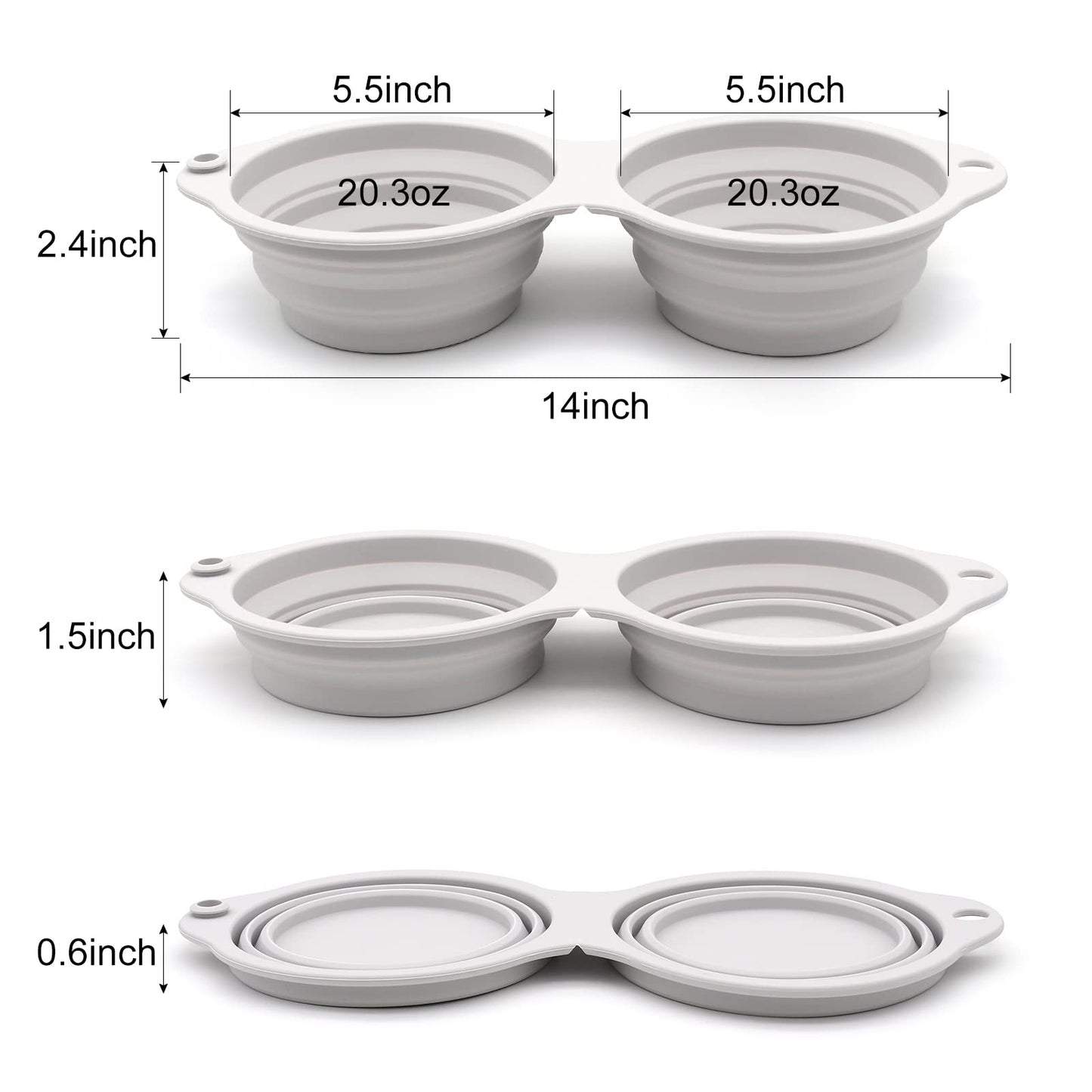 SLSON Collapsible Dog Bowls,Integrated Molding Dog Double Bowl No Plastic Rim 2 in 1 Foldable Pet Food & Water Bowl Cat Feeder Dish for Walking,Hiking,Camping (Cold Grey)