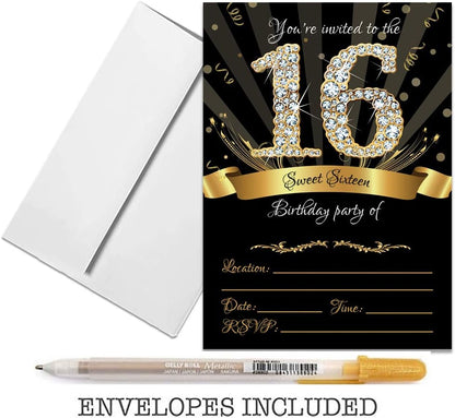 25 Sweet Sixteen Black Double-Sided Party Invitations Kit, 5x7, with Gold Metallic Pen and Envelopes