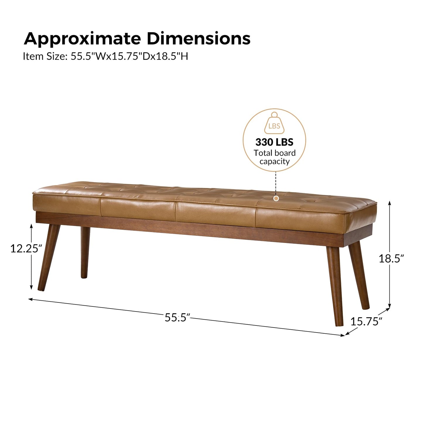 HULALA HOME 55.5" Genuine Leather Bench, Button-Tufted Entryway Bench with Solid Wood Legs, Upholstered End of Bed Bench for Bedroom, Camel