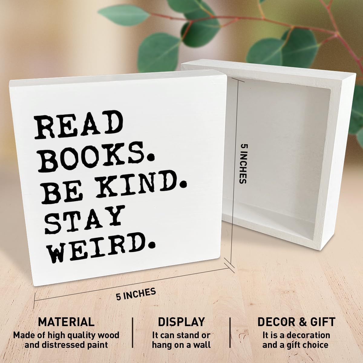 NKBINLILI Bookish Wood Box Decor Accessories Sign for Home Library Cafe Bedroom Bookshelf, Book Lovers Gifts for Women
