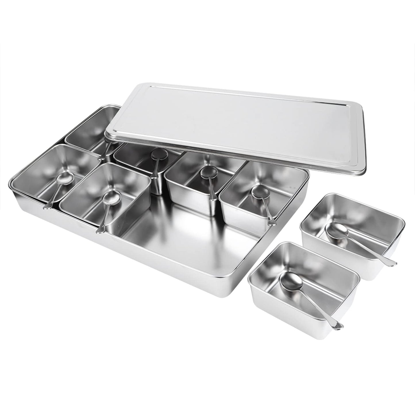 KIMISS Box Seasoning Organizer Box 8 Grids Stainless Steel Jars Container Set Rack with Lids And Spoons for Salt Snacks Flour Dry Goods Fruits