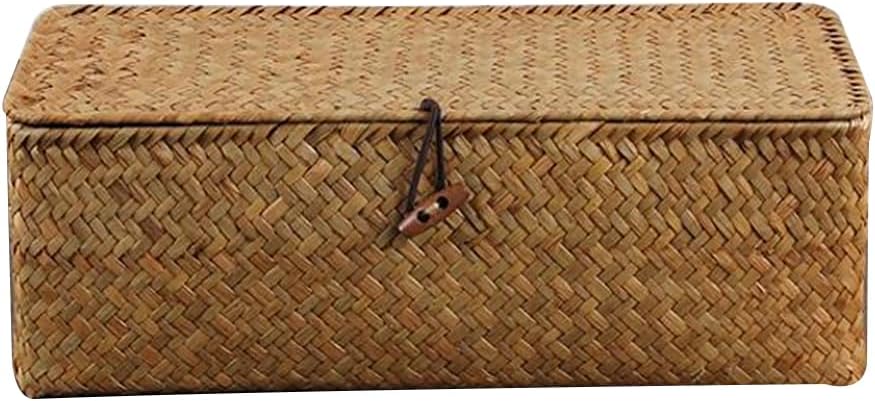 Handwoven Wicker Storage Basket with Lid, 3 Compartment Toilet Paper Holder for Bathroom, Kitchen Organizer Bin
