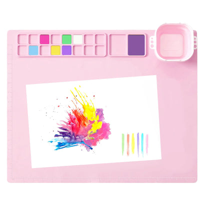 MEKOTRIN Silicone Painting Mat, 20"X16" Art Mat with Cup and Palettes, Silicone Craft Mat has 16 Color Dividers, Paint Mat for Artist Clay DIY Creations(Pink)