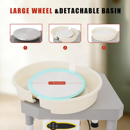 14" 450W Electric Pottery Wheel with LCD Panel Adjustable Speed Foot Pedal,Detachable Basin,Heighten Desk Legs,Clay Toolfor Kids, Adults, Beginners, Home DIY & Professional Pottery Making