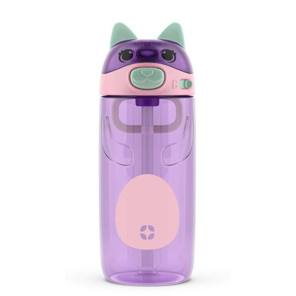 Ello Ellies 16oz Plastic Kids Water Bottle with Straw and Built-in Carrying Handle and Leak-Proof Locking Lid for School backpack, Lunchbox and Outdoor Sports, Cat