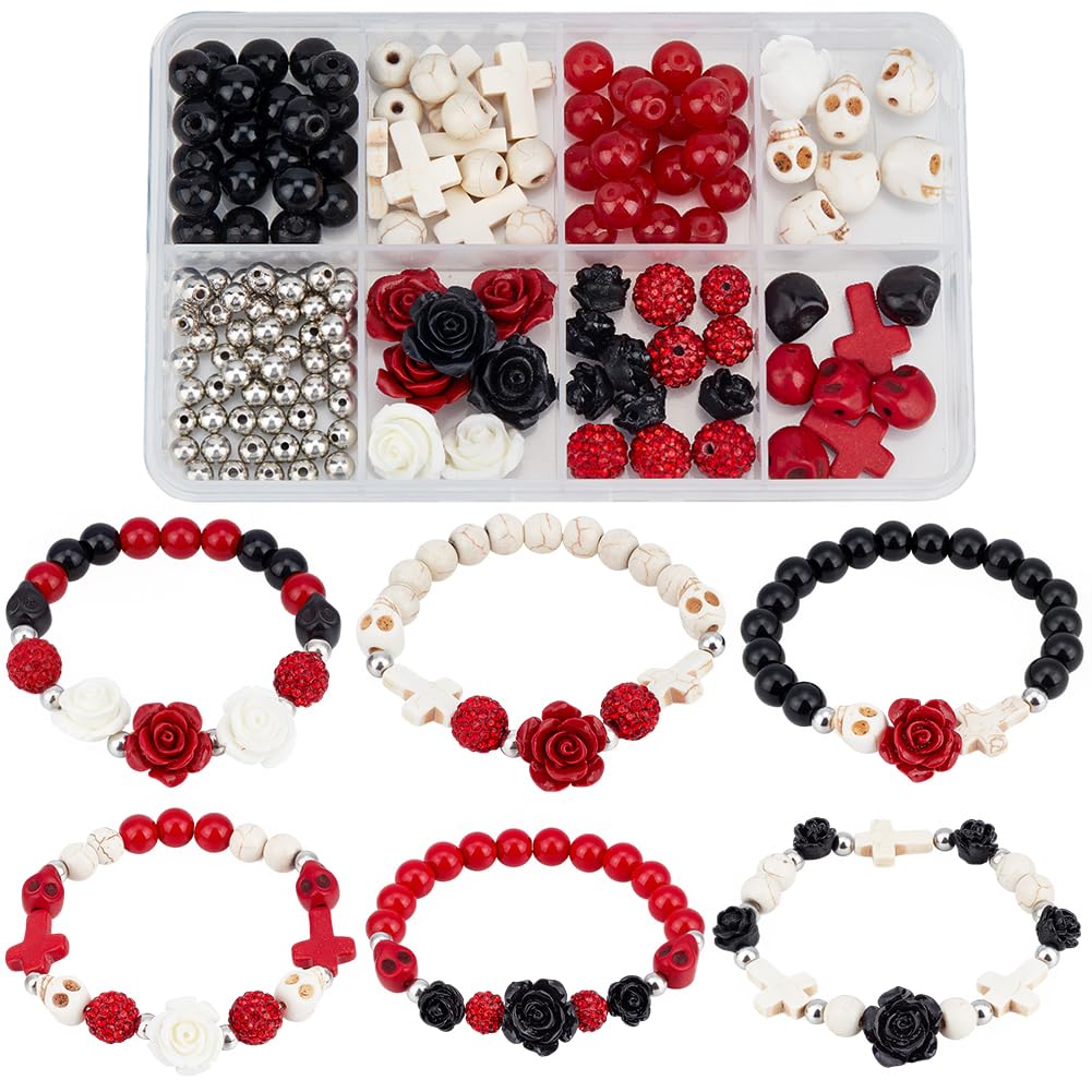 SUNNYCLUE 1 Box DIY 6 Sets Bracelet Making Kits Gothic Halloween Beads Black Red Skull Cross Beads Polymer Clay Rhinestone Loose Spacers for Jewelry Making Kits Crafts Gift Women Adults Supplies