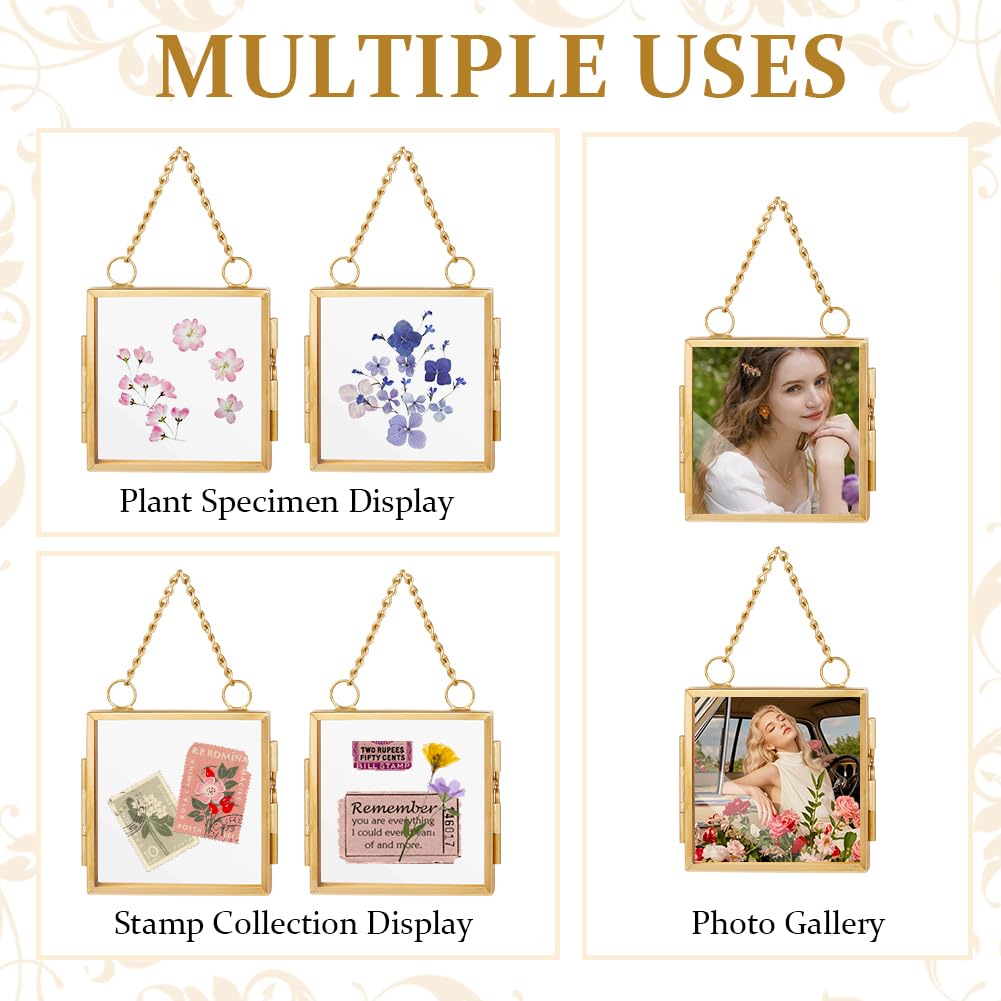 OLYCRAFT 6pcs Gold Mini Glass Hanging Frame 2.1x2.1 Inch Gold Metal Picture Frames Clear Double Glass Floating Frames Hanging Artwork Display Frame for Pressed Flowers Leaf and Artwork