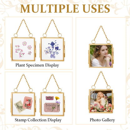 OLYCRAFT 6pcs Gold Mini Glass Hanging Frame 2.1x2.1 Inch Gold Metal Picture Frames Clear Double Glass Floating Frames Hanging Artwork Display Frame for Pressed Flowers Leaf and Artwork