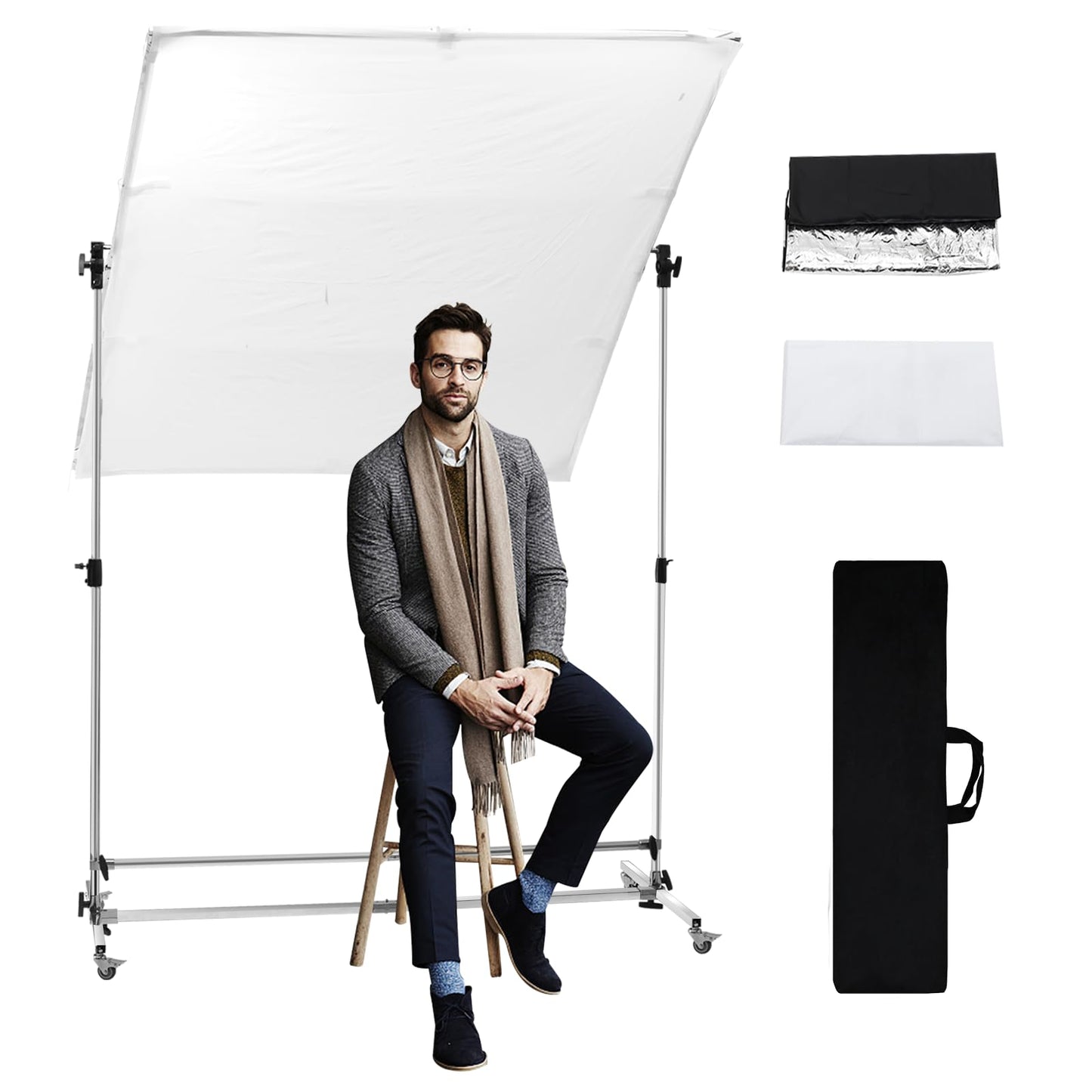 WELLMAKING 79x59 inch Professional Photography Light Diffuser Screen - 360° Rotatable Frame, Quick Setup, Adjustable Stand with Casters for Studio Portrait Video Shooting, White, Silver, Black