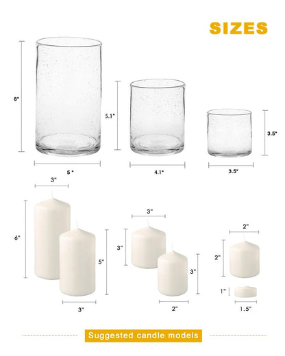 ARIAMOTION Glass Candle Holders Set, Hurricane Vase Centerpieces for Pillar Votive Flower,Clear Seeded Bubbles Cylinder Bulk, Mother's Day Birthday Gift,3 Sizes 8 Inch 5 Inch 3.5 Inch Height