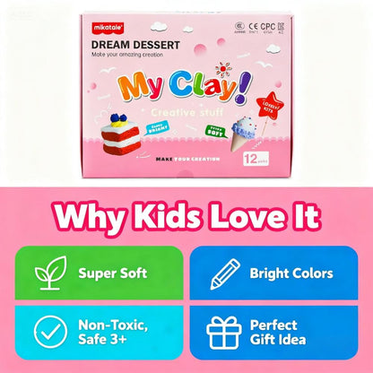 Air Dry Clay Dessert Kit for Kids – 12 Mini Dessert DIY Crafts with Tools, Birthday Cake & Ice Cream Pretend Food, Non -Toxic Arts & Crafts Gift for Girls & Boys Ages 5+