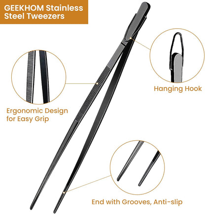 GEEKHOM 12'' Stainless Steel Tweezers Tongs [2 Pack], Professional Chef Tweezers for Cooking, Black