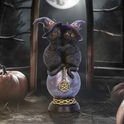 Kittens Orbuculum Witches Cat Ornament – Resin Figurine, Two Cats with Witches' Hats, Crystal Ball, Mystical Decor for Cat Lovers
