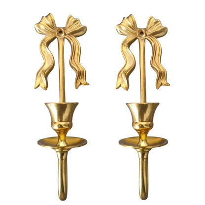 TerkCo Brass Wall Candle Sconces Wall Decor Set of 2, Antique Gold Bow Candle Stick Holders,Wall Mounted Home Decoration,for Living Room,Dining Room, Bedroom（No Candle (Gold 1)