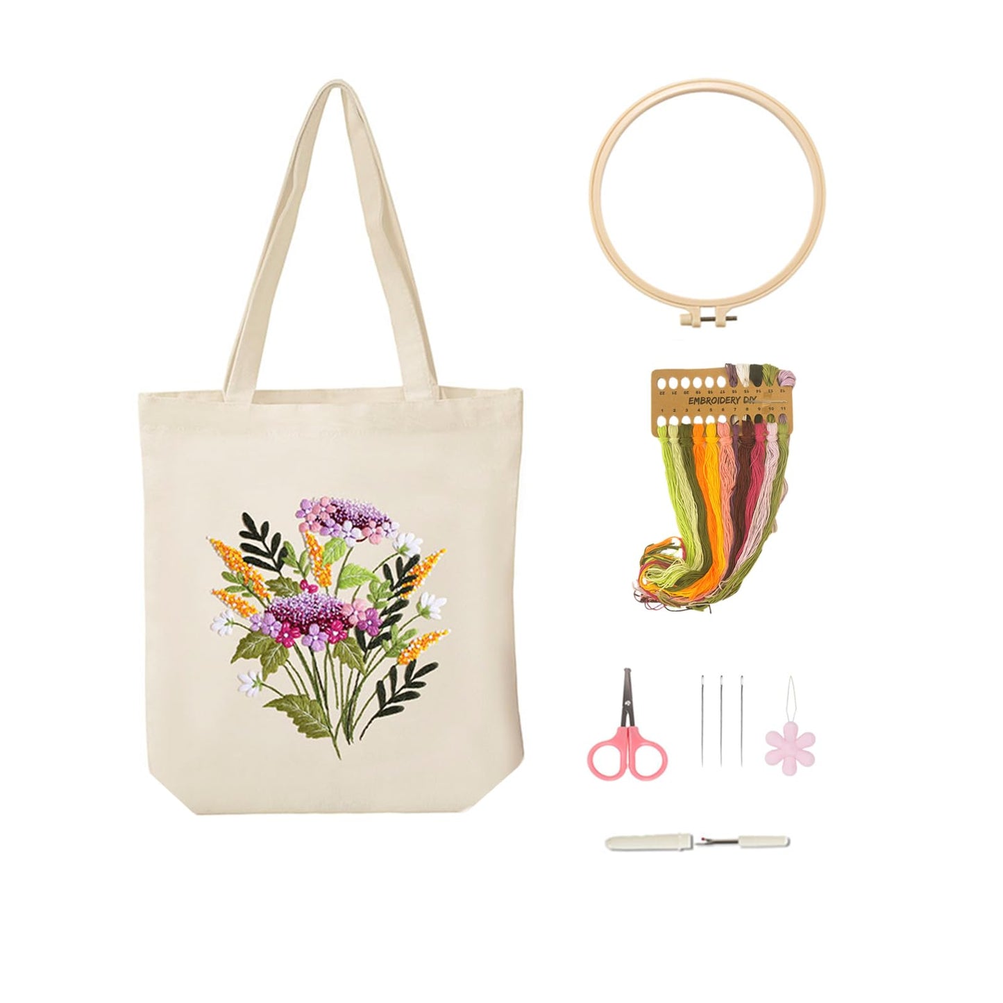 Vigdit Canvas Tote Bag Embroidery Kit for Beginners, Needlepoint Cross Stitch Kit for Adult Beginner, DIY Reusable Grocery Bags Embroidery Starter Kit with Stamped Floral Tools & Instructions