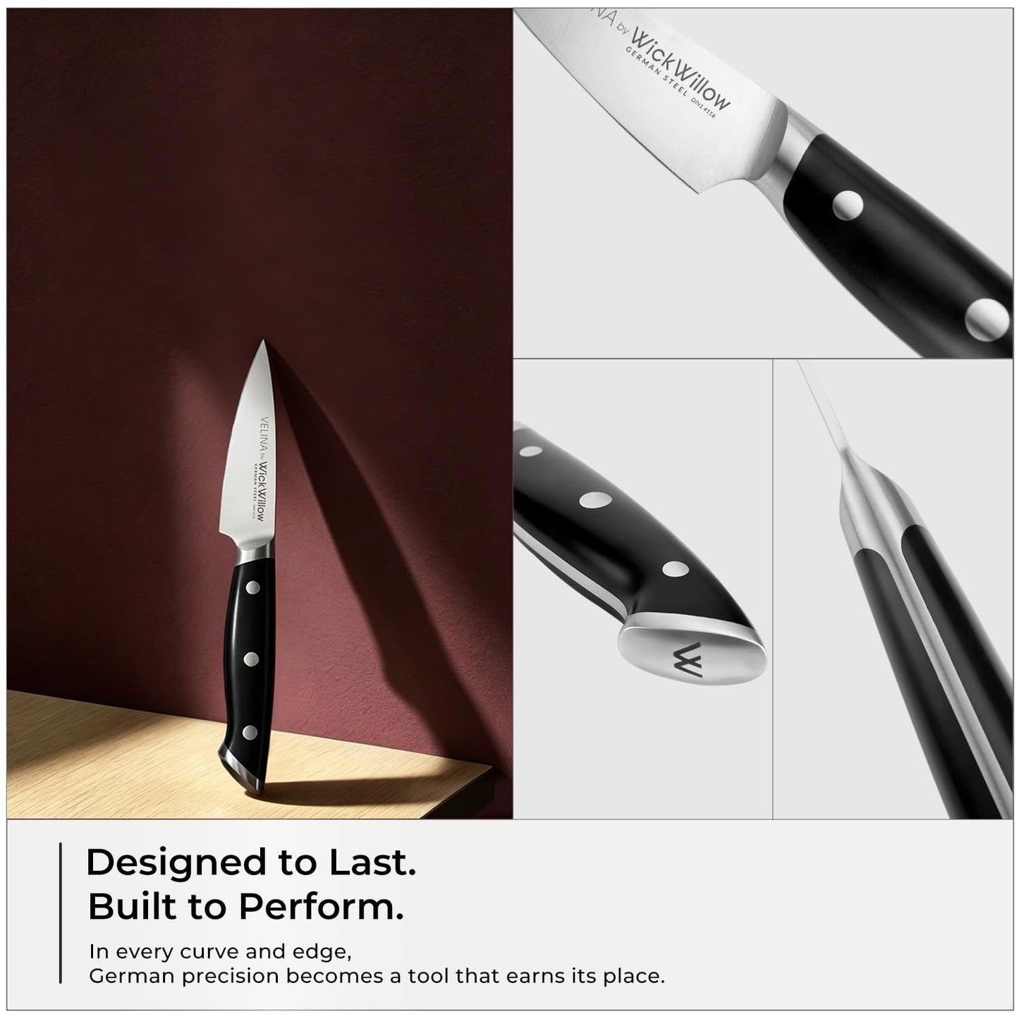 WICKWILLOW 3.5 Inch Paring Knife – Razor Sharp German Steel – Small Kitchen Knife for Home Cooks – Peeling, Trimming & Precision Work – Full Tang & Ergonomic Handle – Gift Box – Velina Series