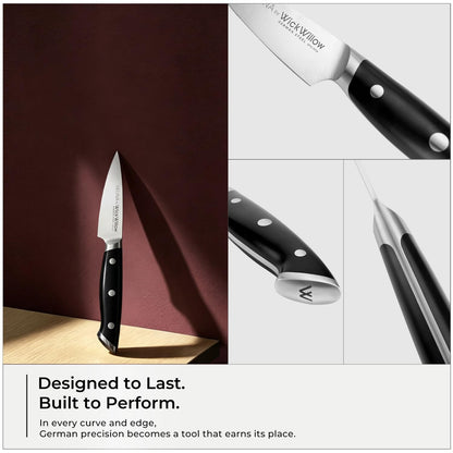 WICKWILLOW 3.5 Inch Paring Knife – Razor Sharp German Steel – Small Kitchen Knife for Home Cooks – Peeling, Trimming & Precision Work – Full Tang & Ergonomic Handle – Gift Box – Velina Series