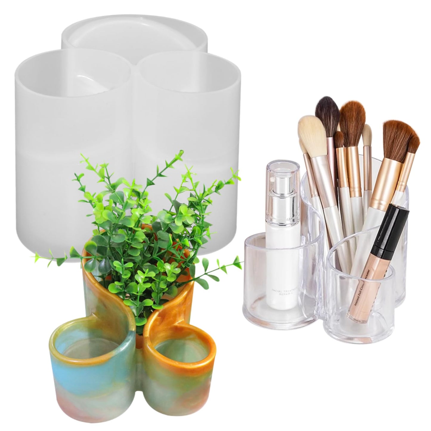 3-Slots Pen Holder Silicone Mold Elegant Makeup Organizer Trinket Container Epoxy Resin Mold Cosmetics Brush Storage Box Mould for Resin Clay Craft Making