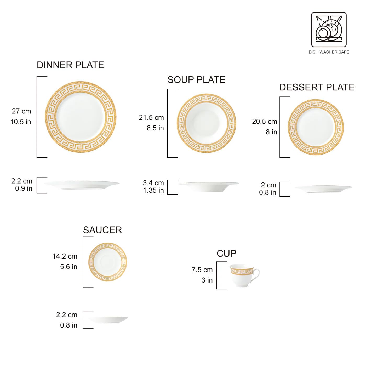 HOMEHUT 120-Pieces Vintage Gold Dinnerware and 18/10 Premium Stainless Steel Silverware Flatware Set - Greek Key Gold HQ Fine China Tableware Service for 12 People