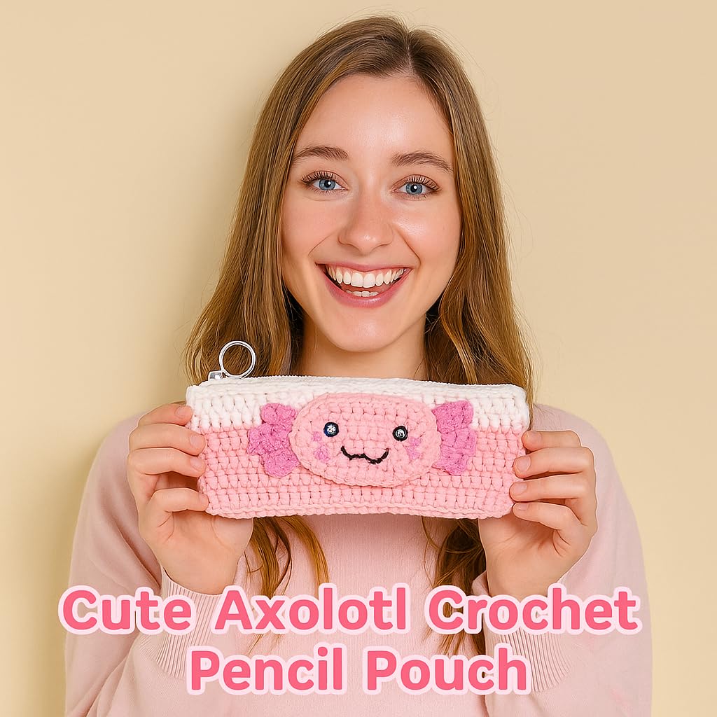 Axolotl Crochet Kit for Beginners, Learn to Crochet Pencil Bag Starter Set with Video Tutorial & Crocheting Manual, Easy Yarn Knitting Kit for Adult, DIY Amigurumi Birthday Xmas Gift Idea