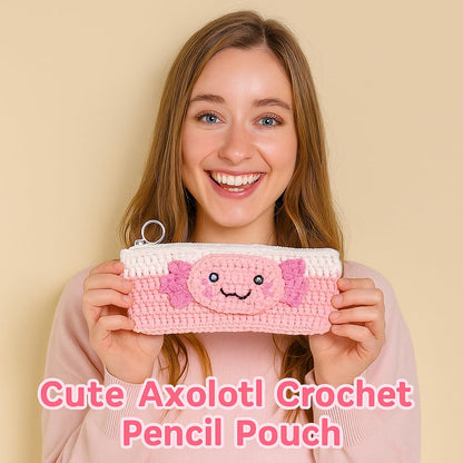 Axolotl Crochet Kit for Beginners, Learn to Crochet Pencil Bag Starter Set with Video Tutorial & Crocheting Manual, Easy Yarn Knitting Kit for Adult, DIY Amigurumi Birthday Xmas Gift Idea