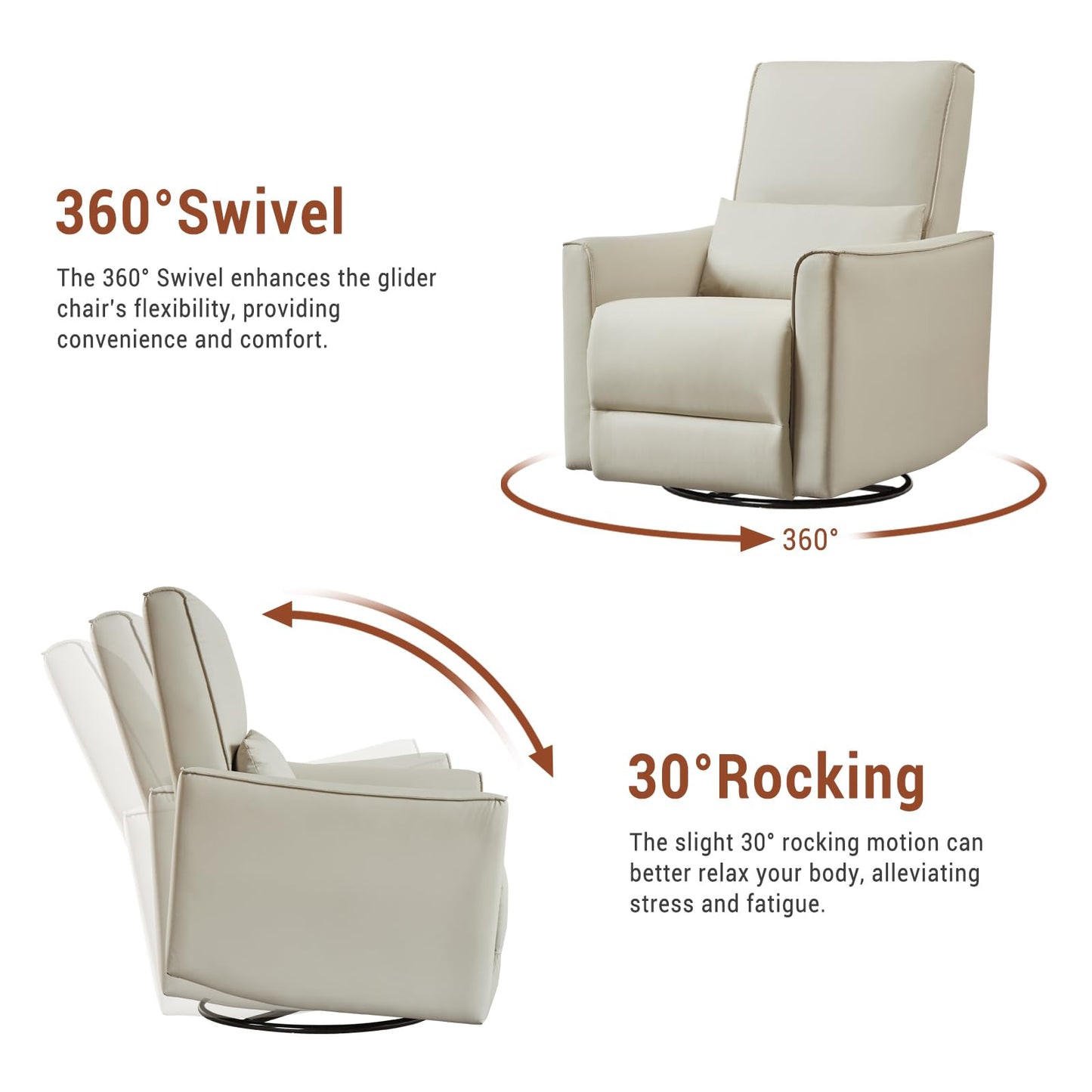 GarveeHome Recliner Chair, 360° Swivel Rocker Glider Nursery Chair with Padded Armrest and Deep Seat, PU Leather Upholstered Reclining Sofa Chair for Living Room, Bedroom and Nursery (White)