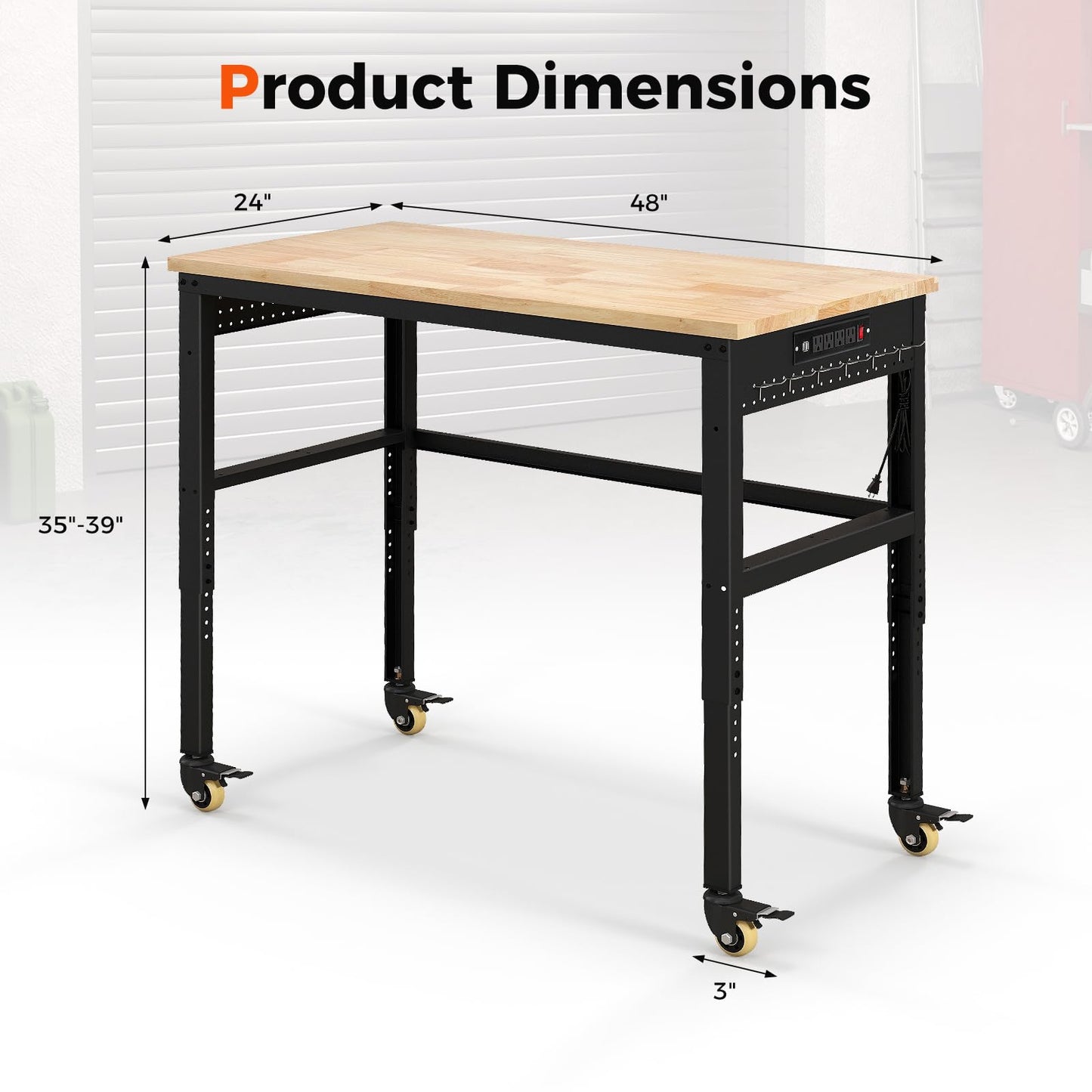 IRONMAX 48'' Adjustable Work Bench with Wheels, 1760 LBS Heavy Duty Oak Wood Table Top Workstation w/Power Strip & Foot Pad, 5 Different Height Hardwood Worktable for Workshop, Garage, Office, Home