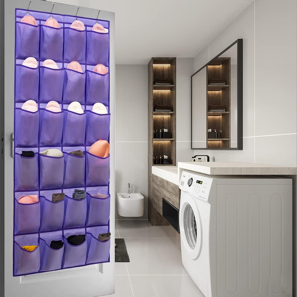 24 4 Over The Door Hanging Shoe Organizer Shoe Rack Hanger Large Fabric Pockets Holder with Sturdy Hooks (PURPLE)
