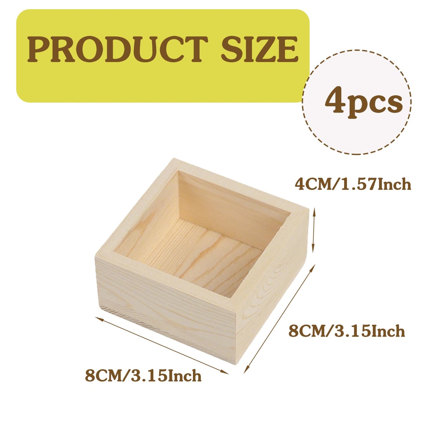 4 Pack Unfinished Wooden Craft Storage Organiser Boxes, 3.15 x 3.15 x 1.57 inch Square Rustic Small Wooden Box, Rustic Natural Wood Container Box for Home Decor, Desktop Drawer Organizer