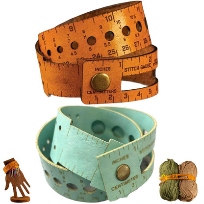 7-in-1 Knitting & Crochet Gauge Measuring Tool-18 Stitch Counter Wrist Wrap, Multifunctional Leather Measuring Tool, Knitting Needle Sizer & Stitch Marker,Knitting,DIY Crafts，2 Pack(Brown, Turquoise)
