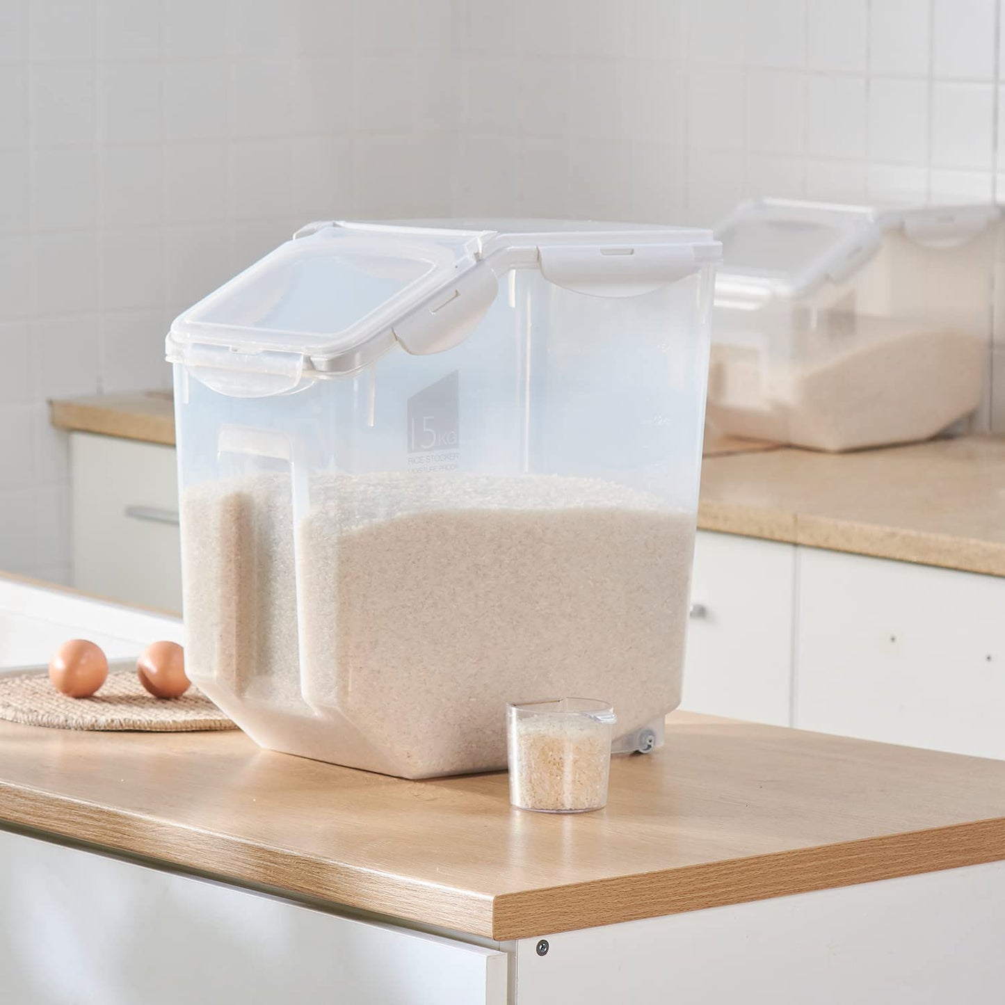 HANAMYA 15 Liter / 30 lbs Rice Storage Container with Measuring Cup, BPA free, For Rice | Grain | Pet Food | Flour, 2 counts, Clear