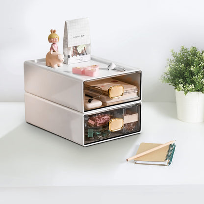 DETEIN 2 PACK Stackable Desk Organizer Stackable Storage Drawer Small Desk Organizer with Drawer Plastic Desktop Storage Organizer for Home, Office, Crafts, Pencils (White, M-1 Drawer, Pack of 2)