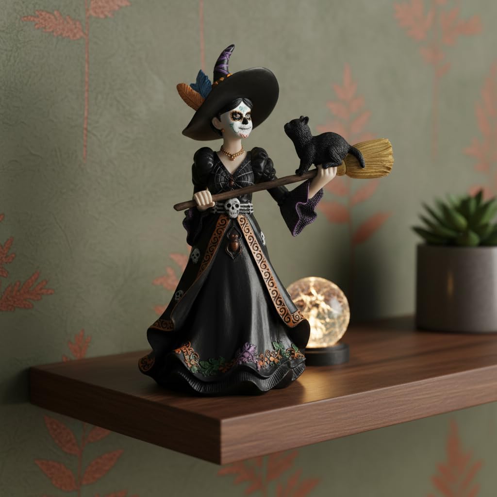 Comfy Hour 9" Dark Fairy Witch Figurine on Broom, Gothic Sorceress with Black Cat Statue, Mystical Fantasy Home Office Desktop Decor, Artisan Crafted Resin Sculpture, 1 Unit