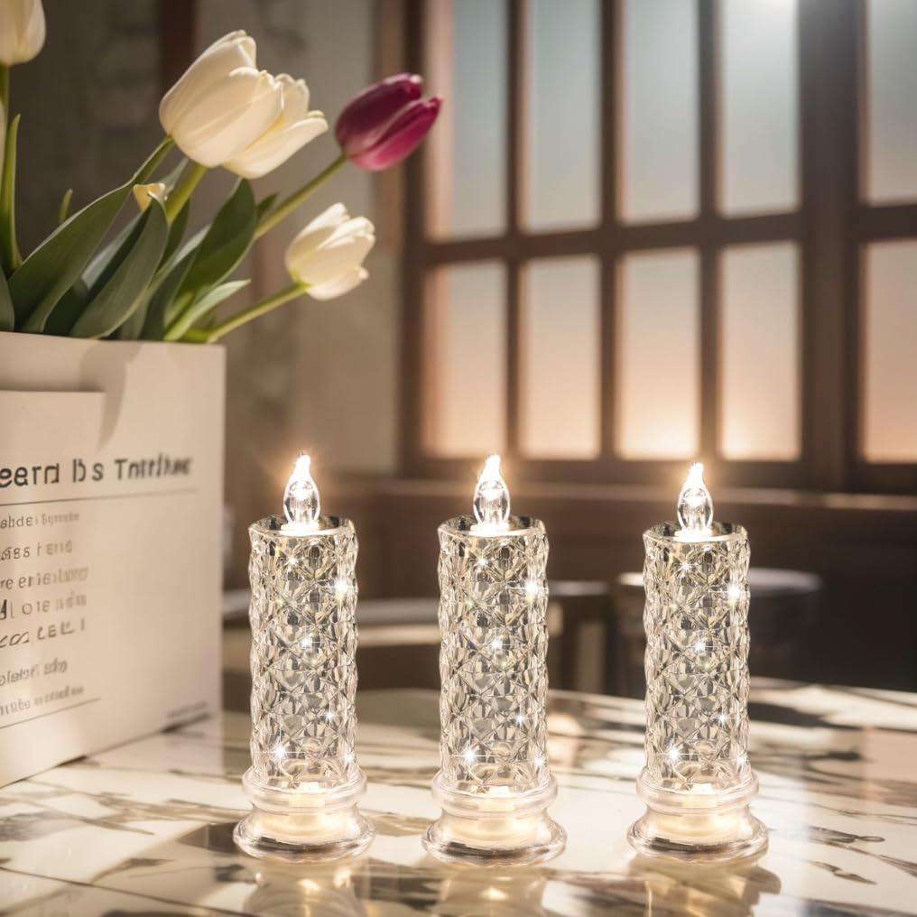 SupBri Rose Shadow LED Flameless Candles, 6PCS Romantic Battery Operated Candles Led Pillar Candles for Valentines Anniversary Wedding Christmas Decorations(White, D 2.5" x H 7.2")
