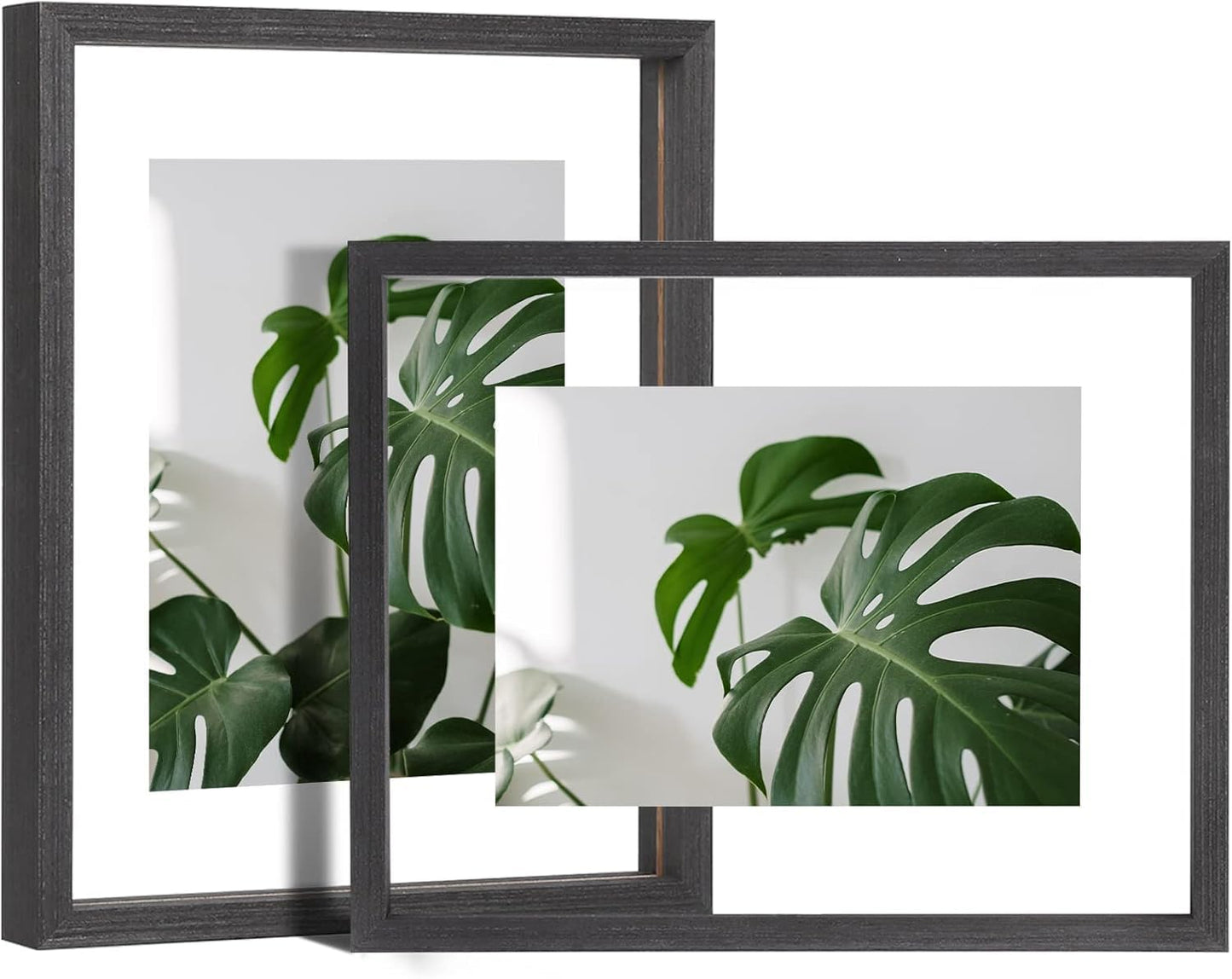 Egofine 8x10 Floating Frames Set of 2, Double Plexiglass Picture Frame, Made of Solid Wood Display Any Size Photo up to 8x10, Wall Mount or Tabletop Standing, Faded Black