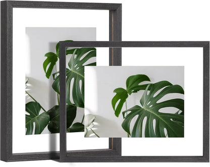 Egofine 8x10 Floating Frames Set of 2, Double Plexiglass Picture Frame, Made of Solid Wood Display Any Size Photo up to 8x10, Wall Mount or Tabletop Standing, Faded Black