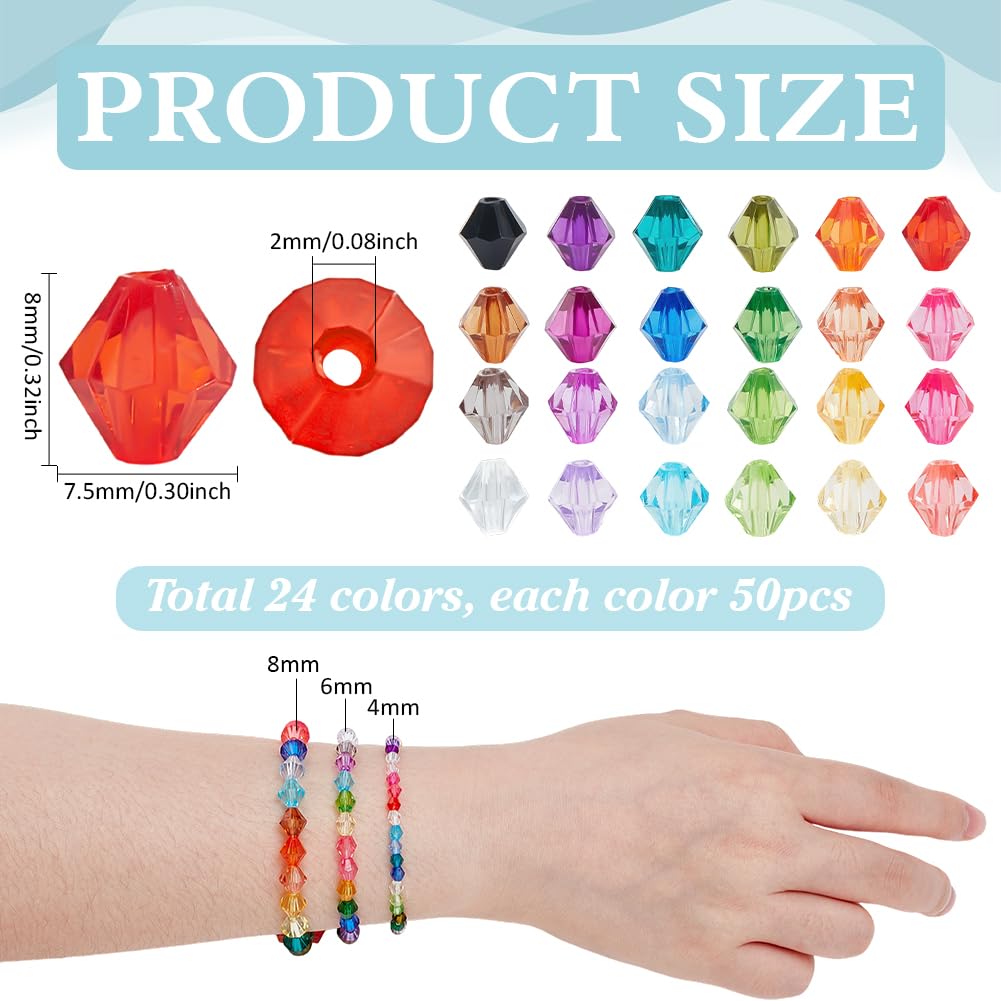PH PandaHall 1200pcs 8mm Crystal Beads for Jewelry Making 24 Colors Bracelet Beads Faceted Bicone Acrylic Bead Loose Craft Bead for Bracelet Necklace Earring Keychain Making