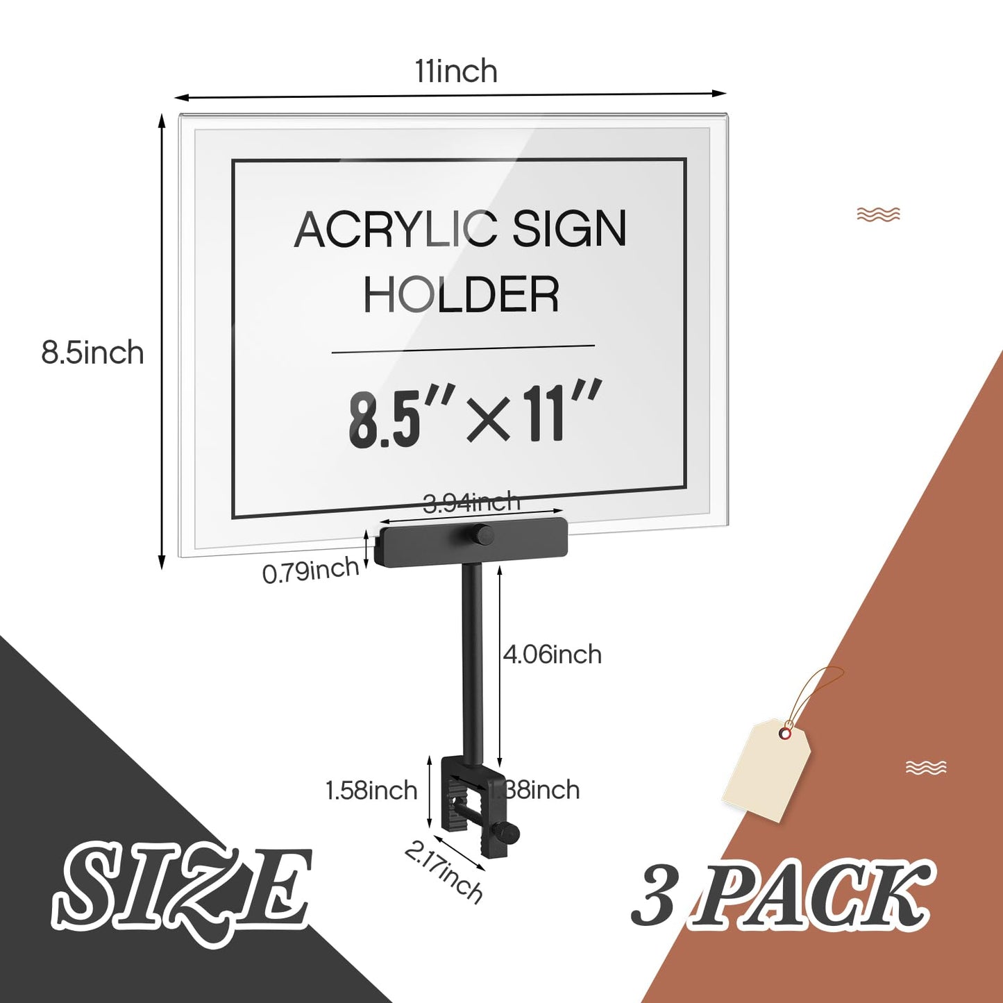 FoldTier 3 Set Aluminum Alloy Sign Holder Clamp with 8.5 x 11 Inch Acrylic Frame Sign Clip on Rotatable Holding Clamp for Clothing Stores Price Tag Office (Black)
