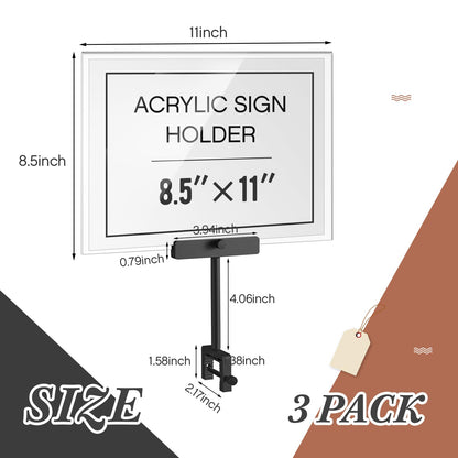 FoldTier 3 Set Aluminum Alloy Sign Holder Clamp with 8.5 x 11 Inch Acrylic Frame Sign Clip on Rotatable Holding Clamp for Clothing Stores Price Tag Office (Black)