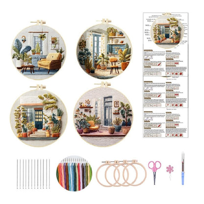 HAOYEGUOJI 4 Pack Embroidery Kit for Beginners, Hand Needlepoint Kits for Adults with Pre-Stamped Patterns, 7.8-Inch Hoop, Threads & Needles, Step by Step Instructions (7.75 in)