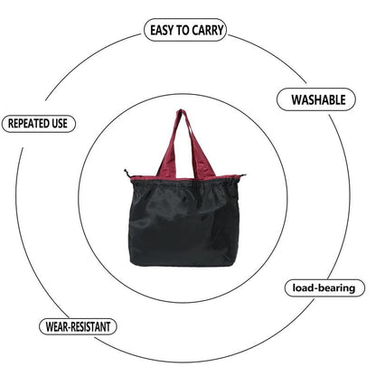 fxqtomio Reusable shopping tote bag, large capacity drawstring tightening top, foldable grocery tote bag, shoulder bag (Black)